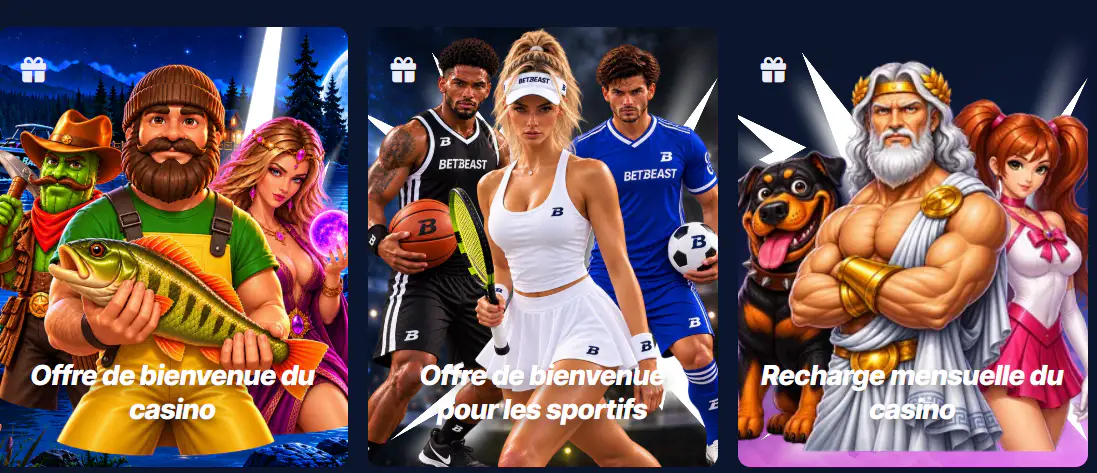 BetBeast Casino promotions avec offres de bienvenue pour le casino et les paris sportifs, ainsi qu'un bonus de recharge mensuel