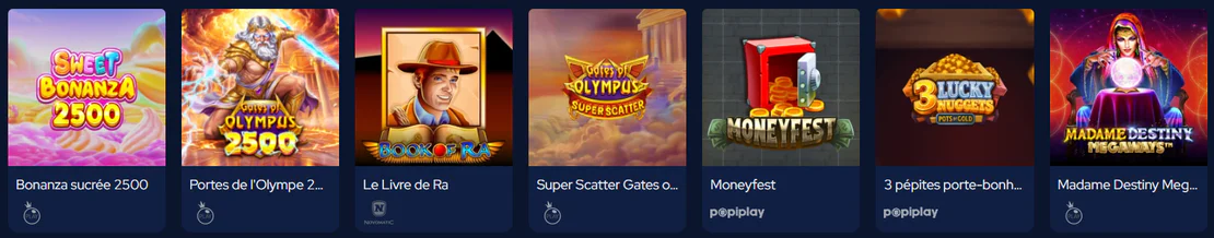 BetBeast Casino sélection de machines à sous avec Sweet Bonanza 2500, Gates of Olympus 2500, Book of Ra, Moneyfest, 3 Lucky Nuggets et Madame Destiny Megaways